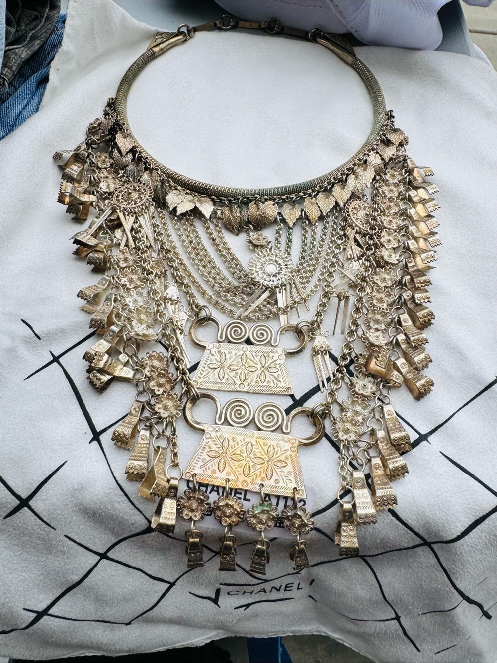 Statement Layered silver Bib Necklace